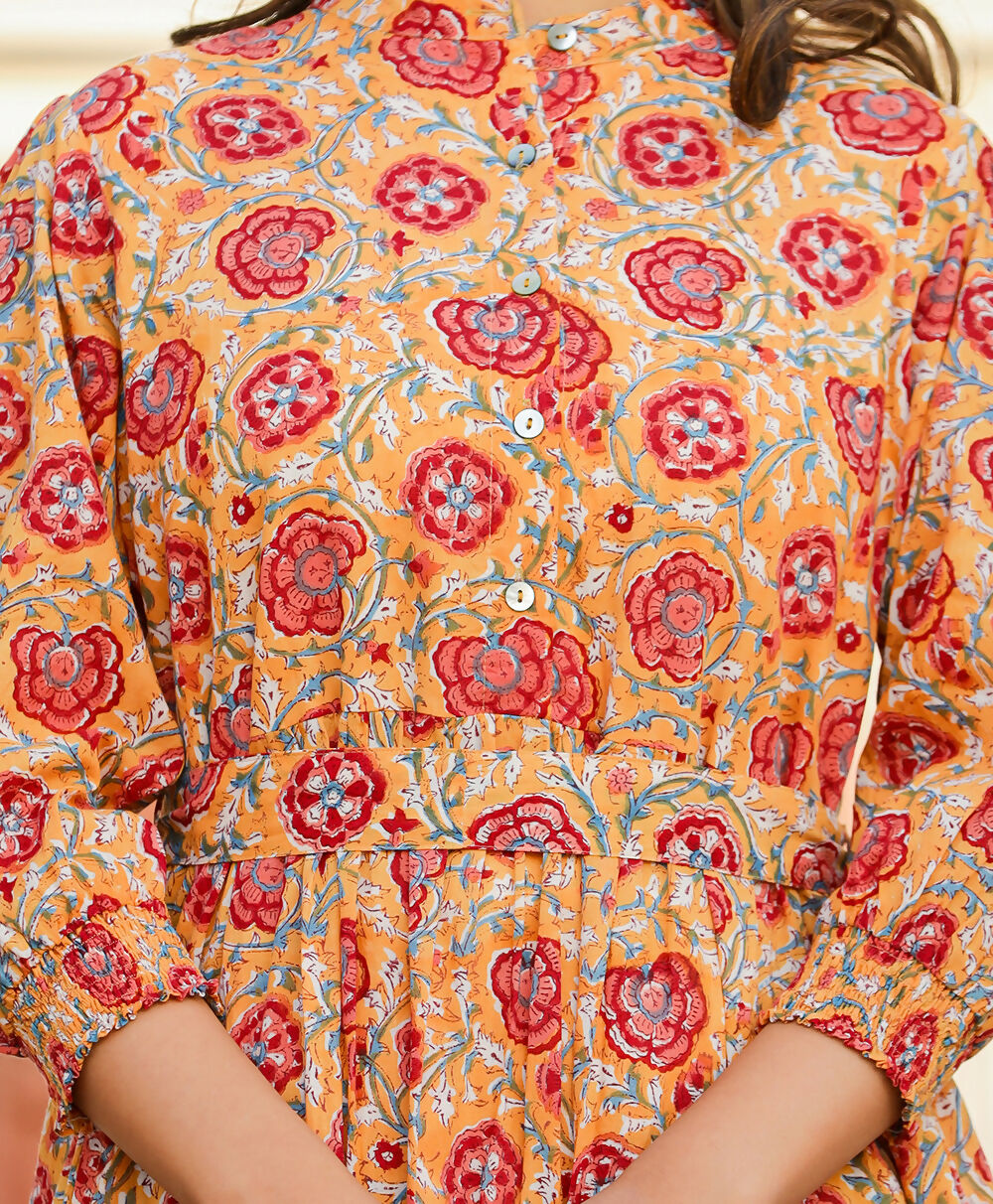 Kaajh Women's Yellow-Red Floral Hand Block Print Cotton Dress