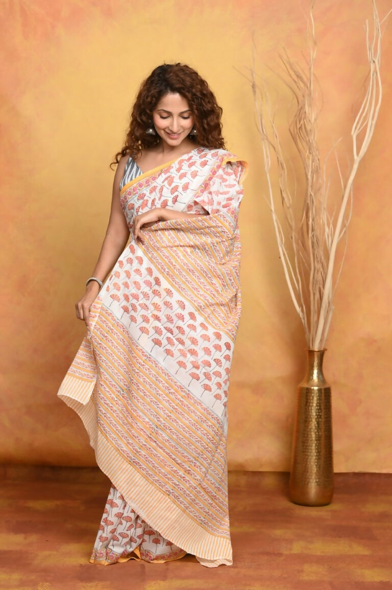 Very Much Indian Handblock Printed Cotton Saree With Natural Dyes - White Peach