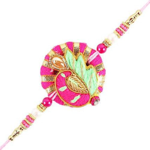 Bright Peacock Zardosi Rakhi & Cashew Jar Combo