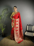 Joban Fashion Red Banarasi Soft Lichi Silk Paisley Saree