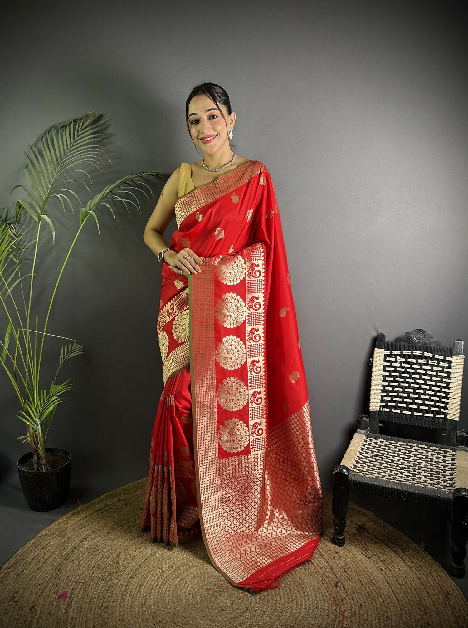 Joban Fashion Red Banarasi Soft Lichi Silk Paisley Saree
