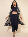 Janasya Women's Dark Blue Crepe Foil Printed Festive Crop Top Set