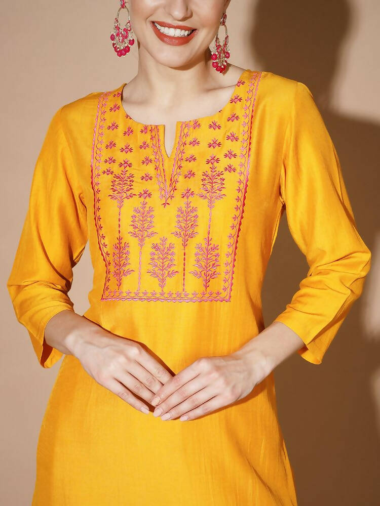 Myshka Women Mustard Solid Kurta & Palazzos With Dupatta