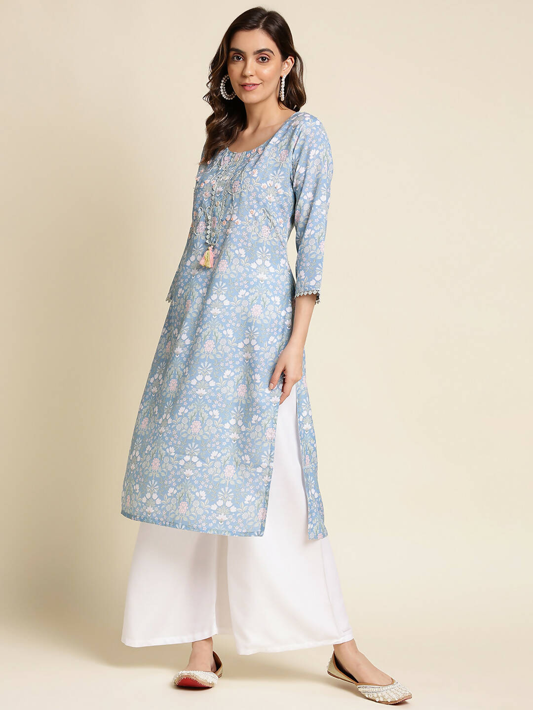 Blue Linen Floral Printed Straight Fit Kurta - Prasuti