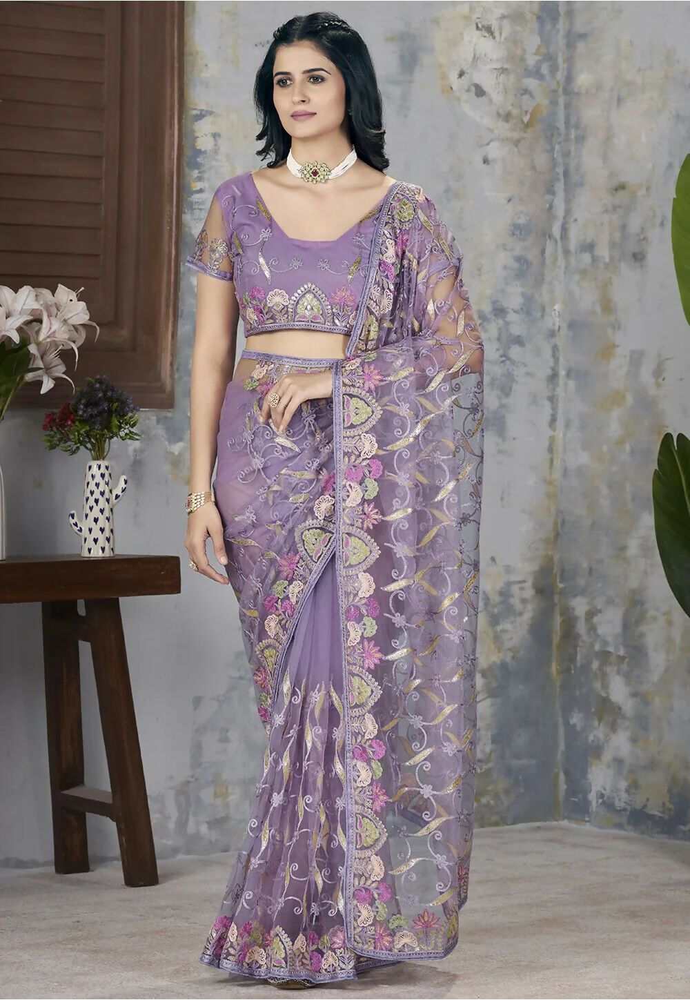 Vastranavya Soft Crush Georgette With Embroidery and Foil Multi Thread Work Saree - Lavender