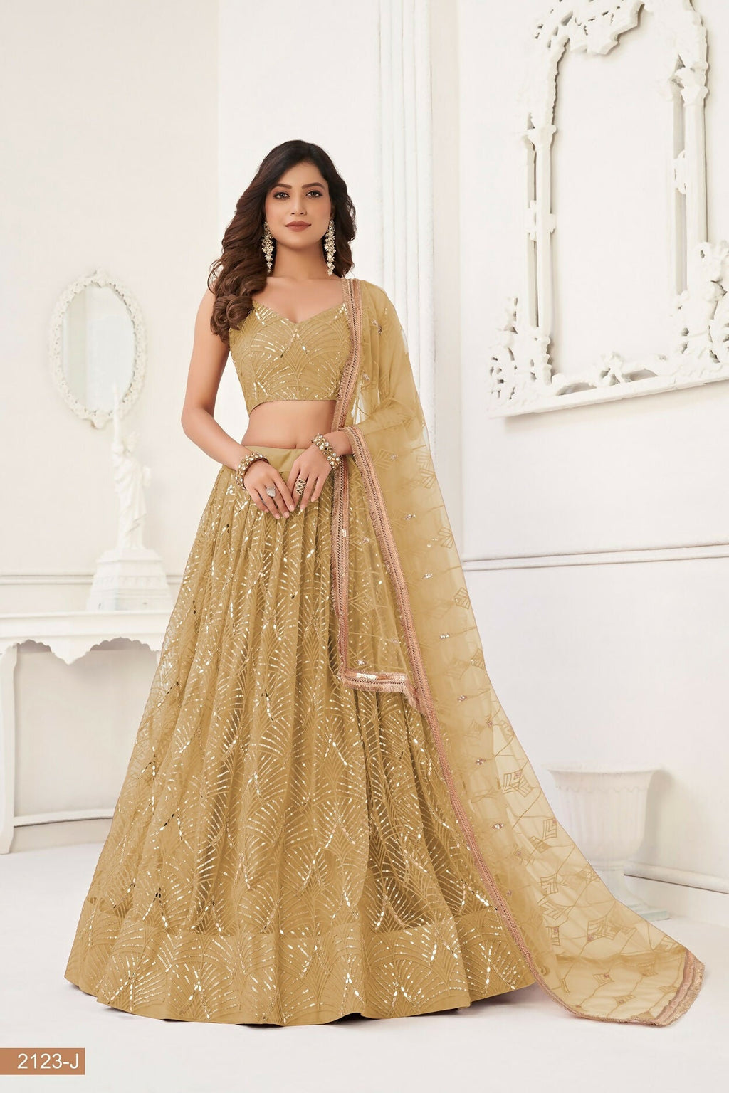 Eilara Beige Sequin Thread Embroidered Net Lehenga Set