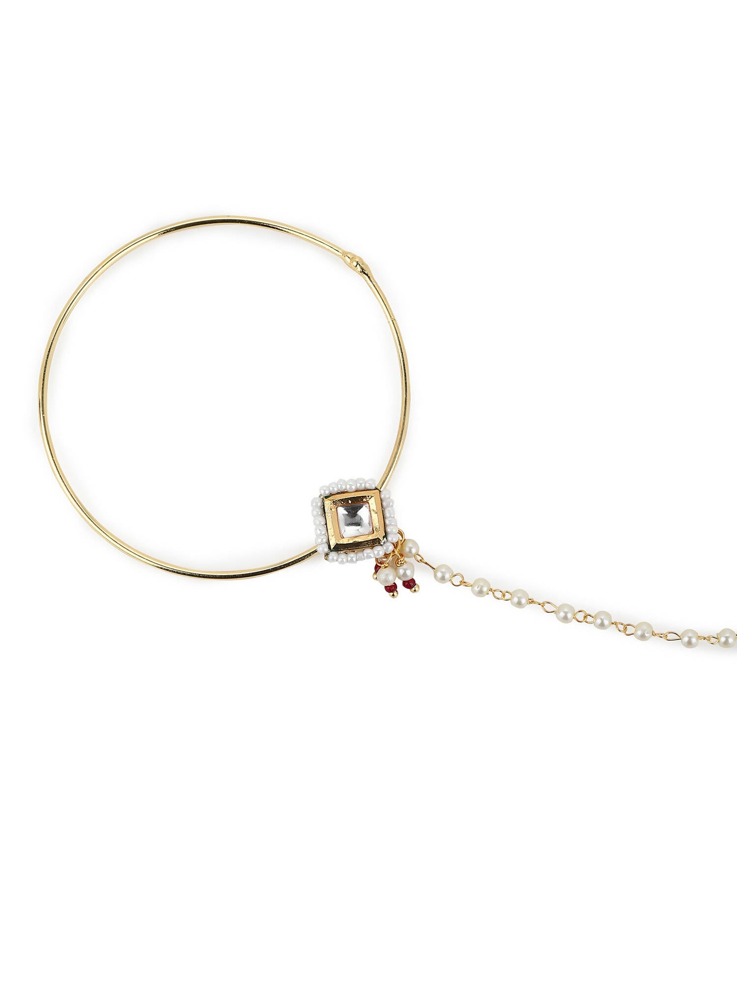 White Gold-Polished Kundan Studded Beaded Nosepin - Ruby Raang