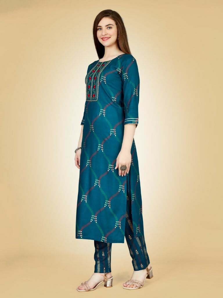 Jyoti Fashion Women's Teal Viscose Rayon Embroidered Kurta Pant Set
