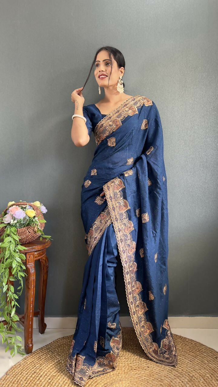 Vastranavya Blue Vichitra Silk Zari with Swarovski Work Ready to Wear Saree