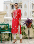 Kaajh Women's Red Chikhankari Embroidered Kurta Pant Set