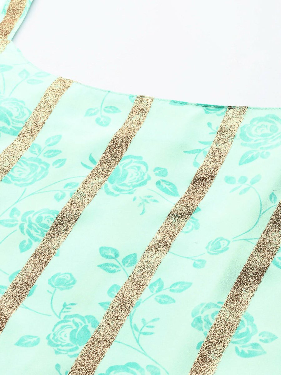 Ahalyaa Blue & Gold Floral Printed & Striped Straight Kurti with Sharara