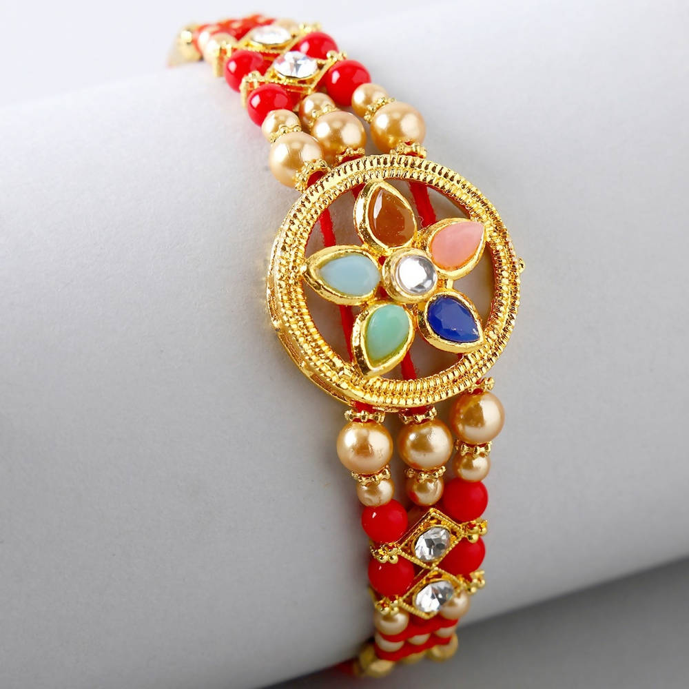 Flower Design Kundan Rakhi And Almonds Jar