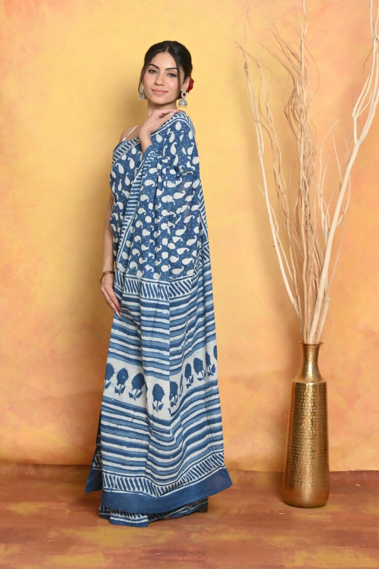 Very Much Indian Handblock Printed Cotton Saree With Natural Dyes - Blue