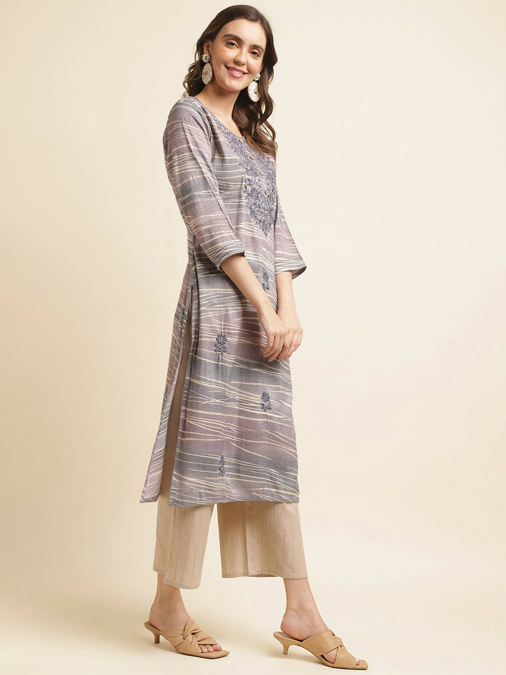 Grey Poly Rayon Stripe Printed Straight Fit Kurta - Prasuti