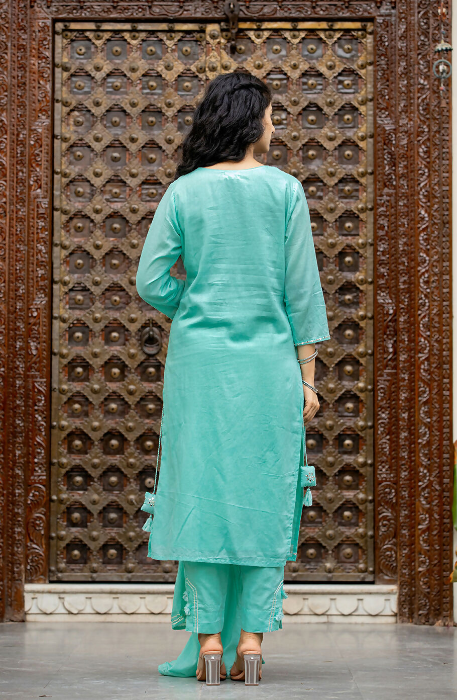 Kaajh Women's Sky Blue Mirror Embellished Cotton Suit Set