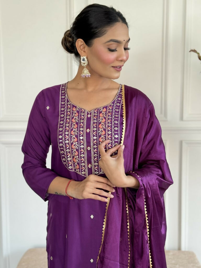 Purple Rayon Slub Stitched Suit With Dupatta - Tanisha