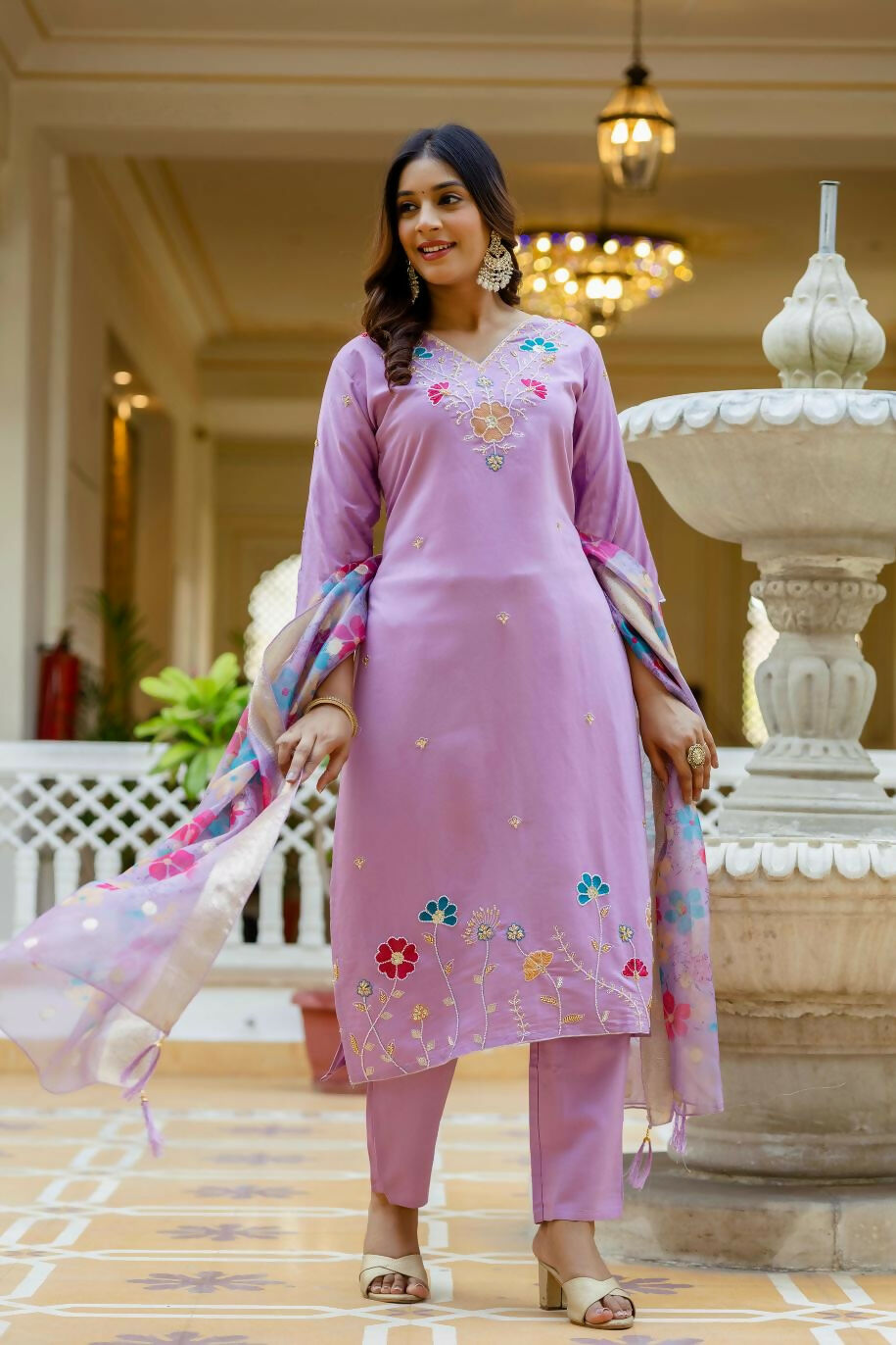 The52 Lavender Women's Gorgeous Embroidered work Viscose Gadhwal Fabric Straight Kurta, Pant and Dupatta Set