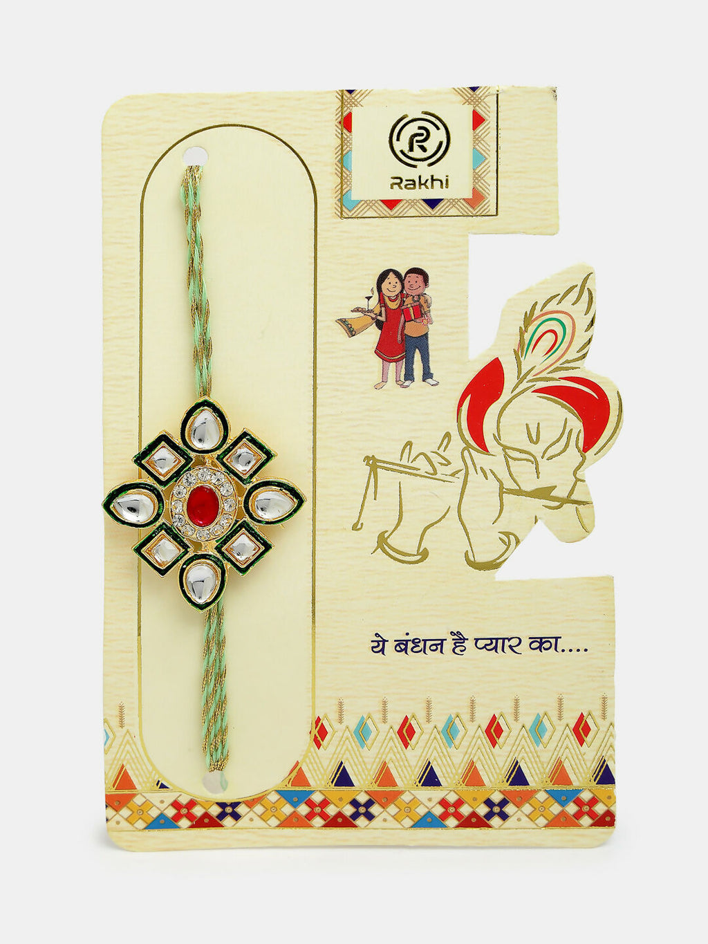 NVR Women & Men Set of 2 Gold Kundan-Studded Handcrafted Wraparound Rakhi Set With Roli Chawal