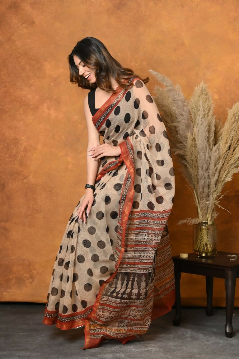 Very Much Indian Handblock Printed Cotton Saree With Natural Dyes - White