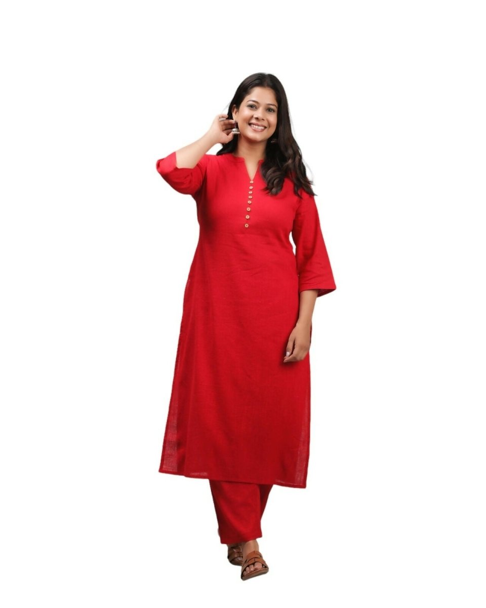 Aramya Red Khadi Cotton Solid Straight Kurta for Women