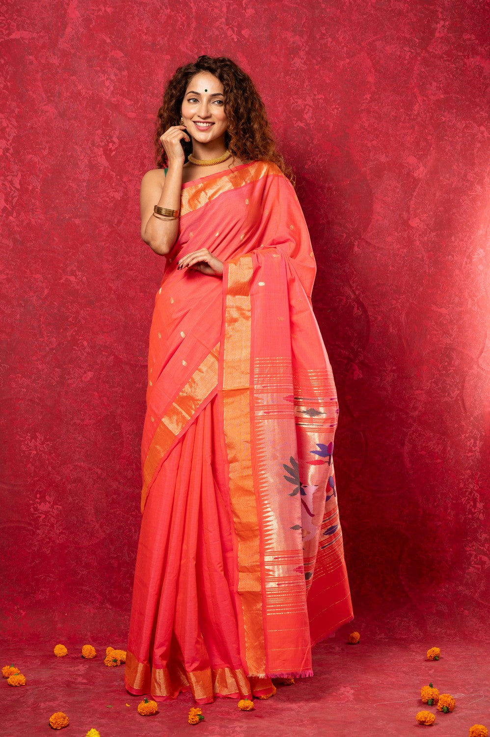 Very Much Indian Exclusive! Handloom Pure Cotton Paithani in Most Traditional Pink with Pichwai Pallu