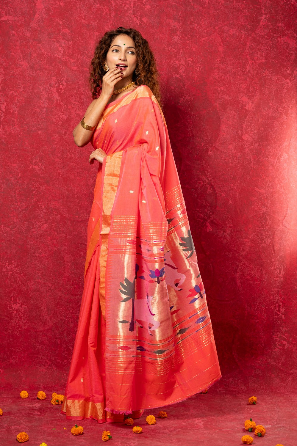 Very Much Indian Exclusive! Handloom Pure Cotton Paithani in Most Traditional Pink with Pichwai Pallu
