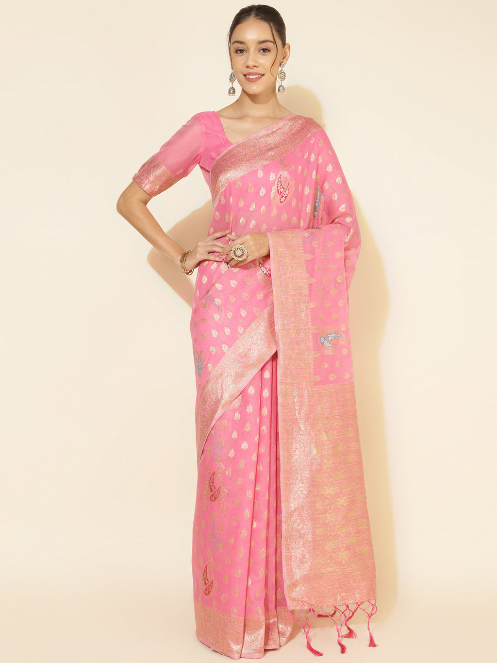 Janasya Light Pink Chanderi Silk Ethnic Motifs Woven Design Saree