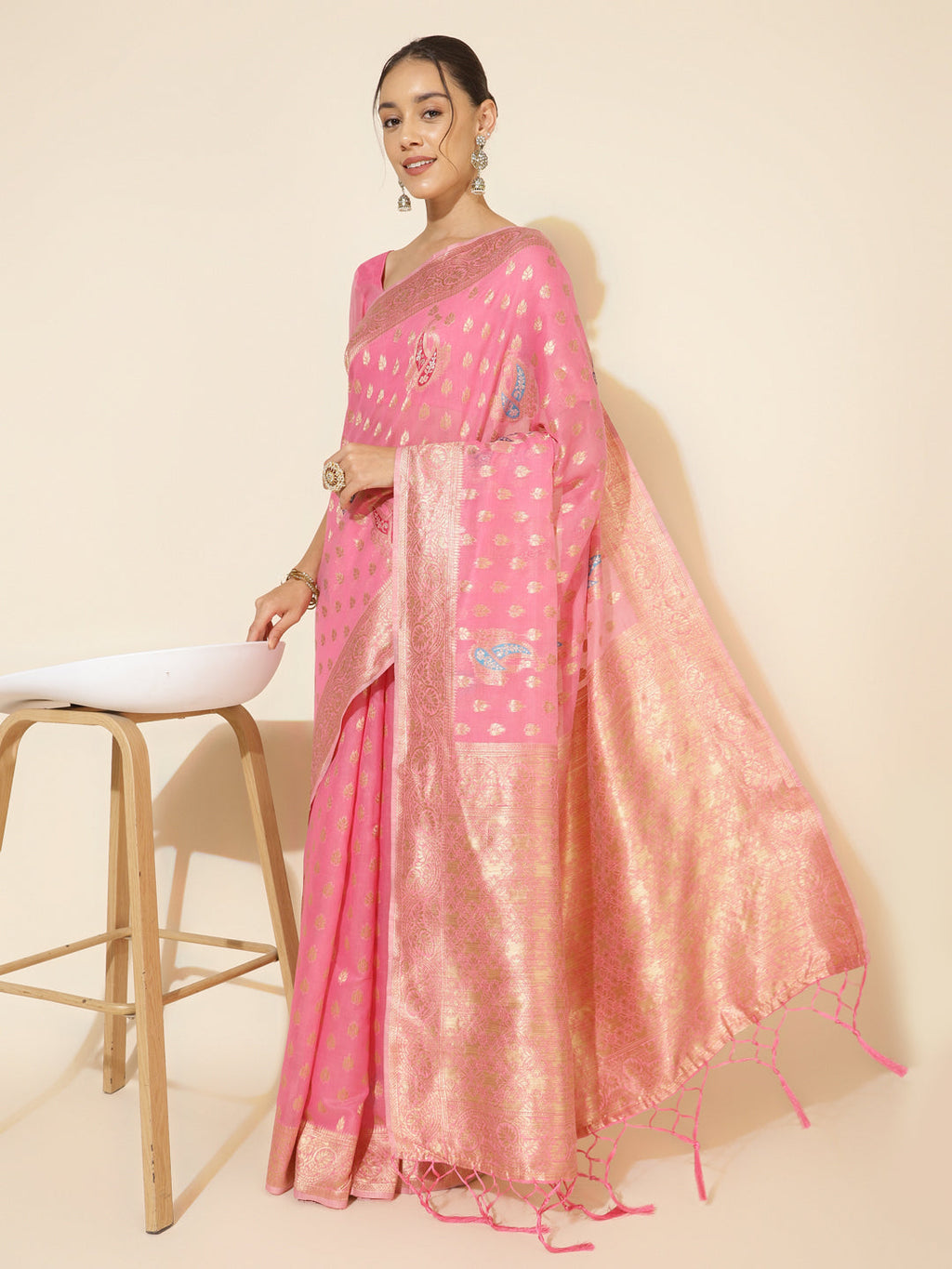 Janasya Light Pink Chanderi Silk Ethnic Motifs Woven Design Saree