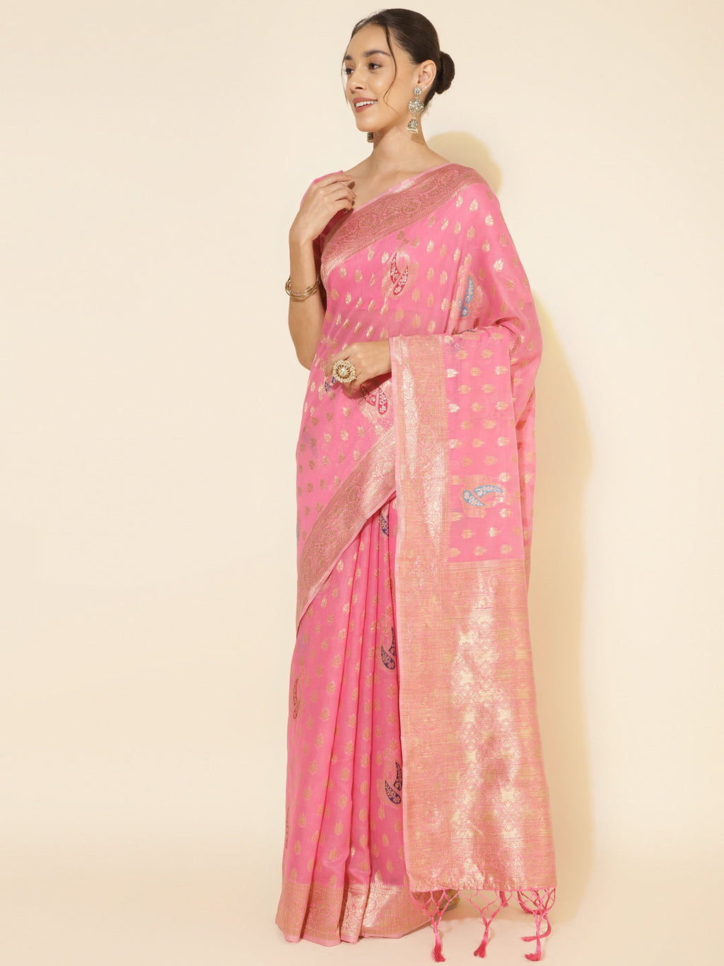 Janasya Light Pink Chanderi Silk Ethnic Motifs Woven Design Saree