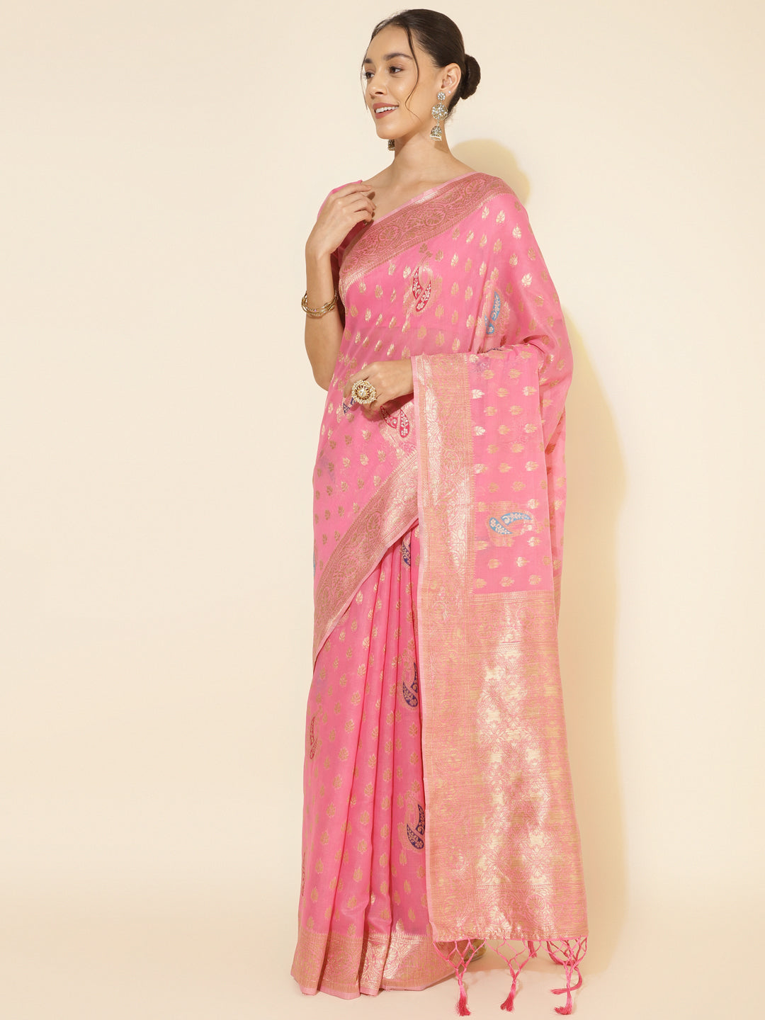 Janasya Light Pink Chanderi Silk Ethnic Motifs Woven Design Saree
