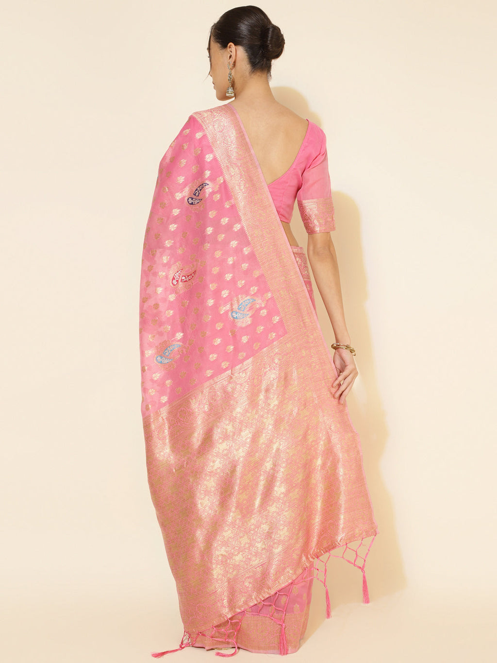 Janasya Light Pink Chanderi Silk Ethnic Motifs Woven Design Saree