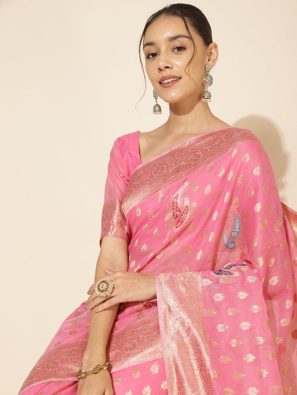 Janasya Light Pink Chanderi Silk Ethnic Motifs Woven Design Saree