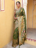 Janasya Mehendi Green Organza Woven Ethnic Kanjeevaram Saree