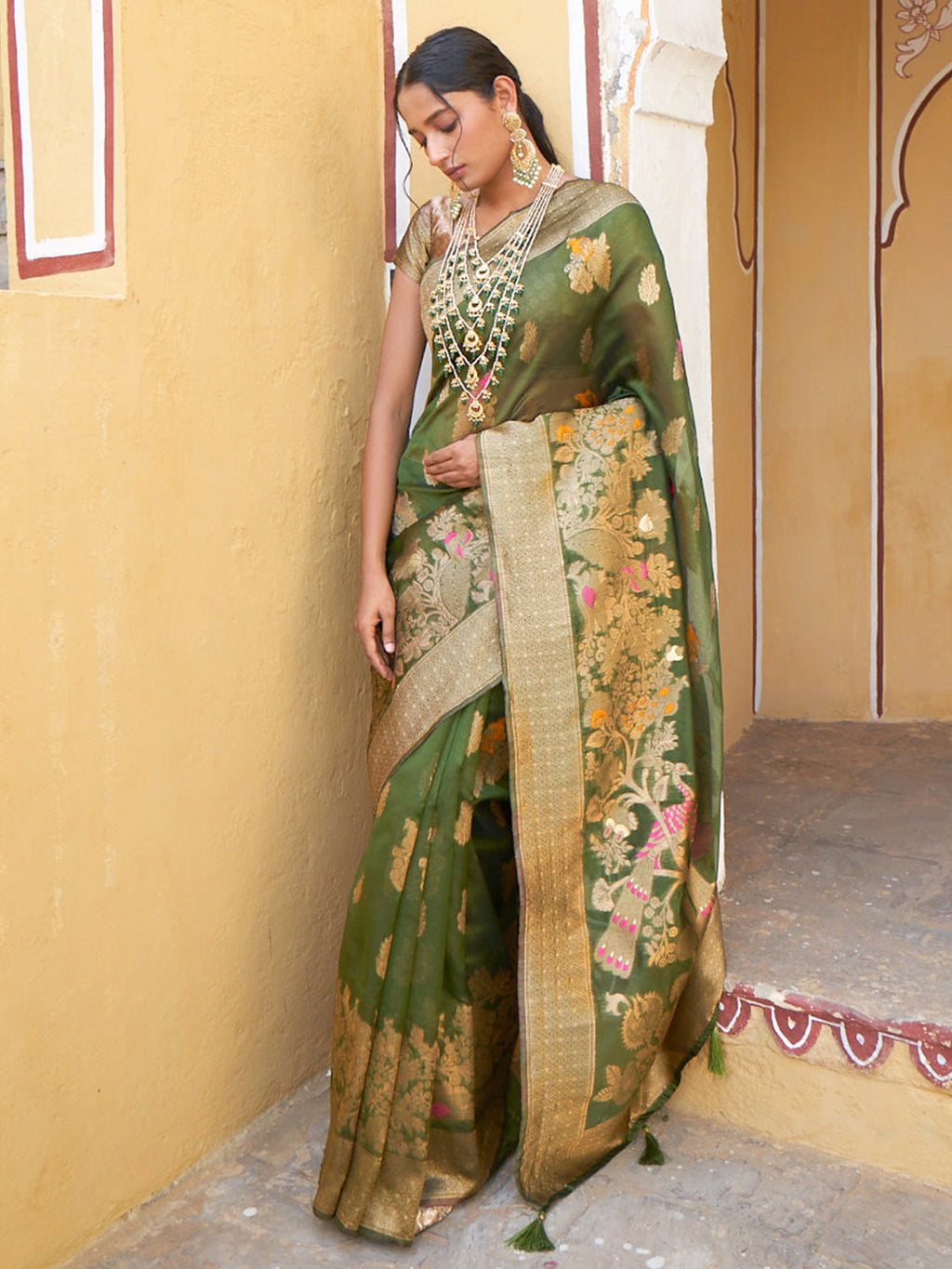 Janasya Mehendi Green Organza Woven Ethnic Kanjeevaram Saree