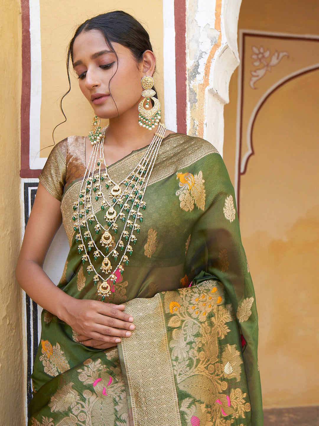 Janasya Mehendi Green Organza Woven Ethnic Kanjeevaram Saree