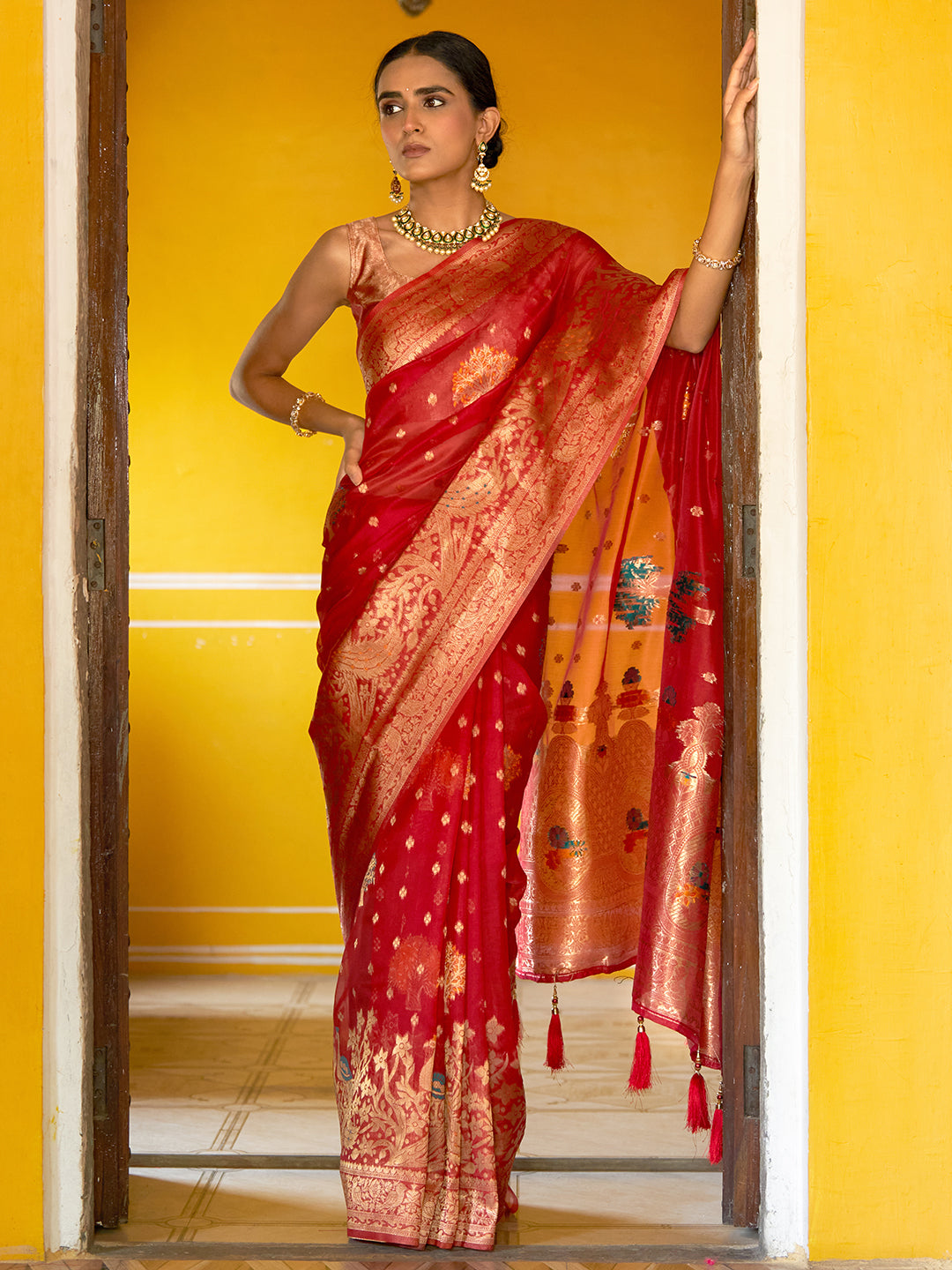 Janasya Red Organza Woven Leheriya Kanjeevaram Saree