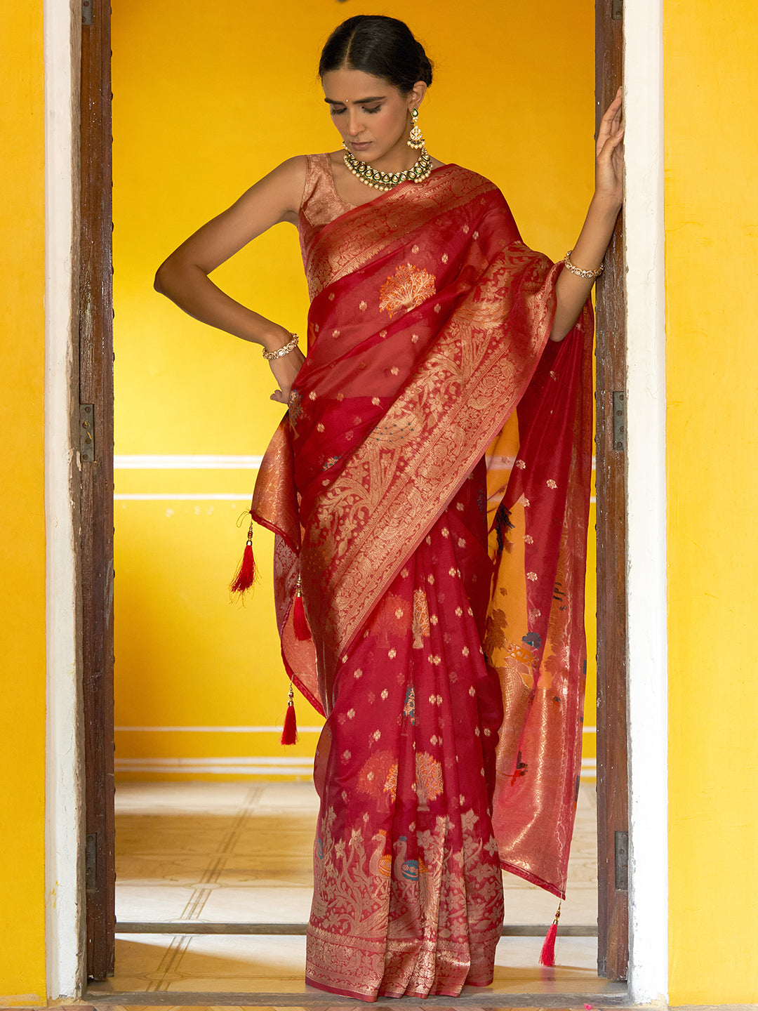 Janasya Red Organza Woven Leheriya Kanjeevaram Saree