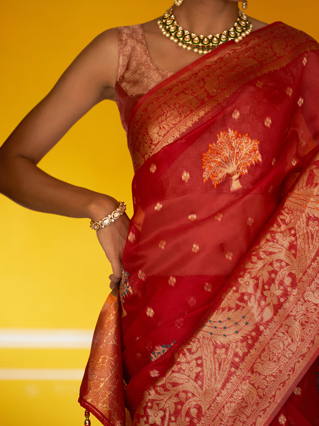 Janasya Red Organza Woven Leheriya Kanjeevaram Saree