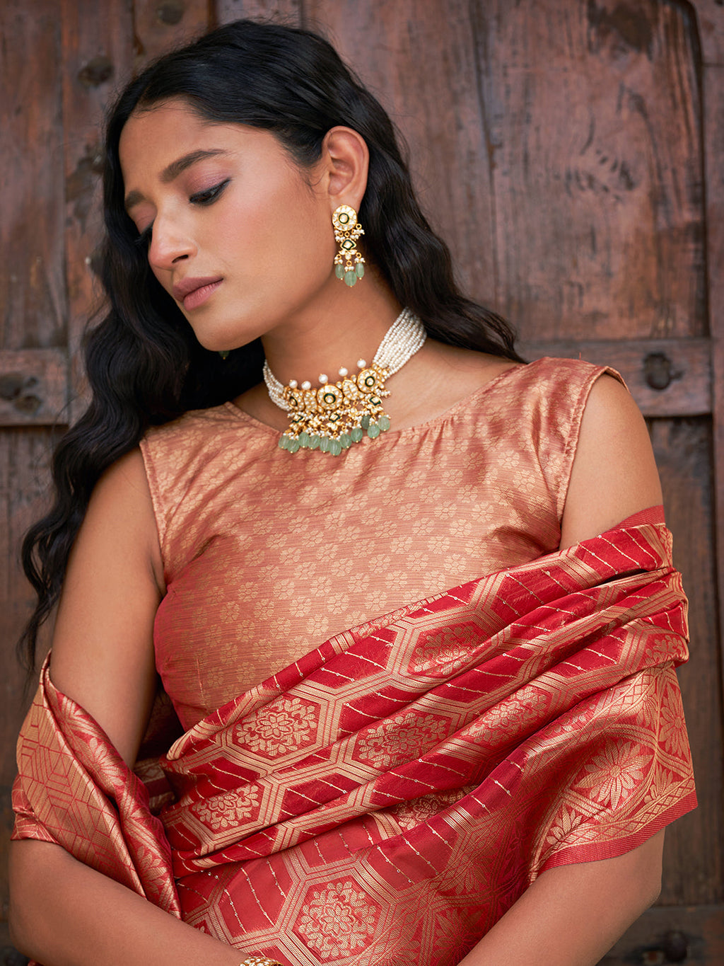 Janasya Red Organza Woven Ethnic Motifs Kanjeevaram Saree