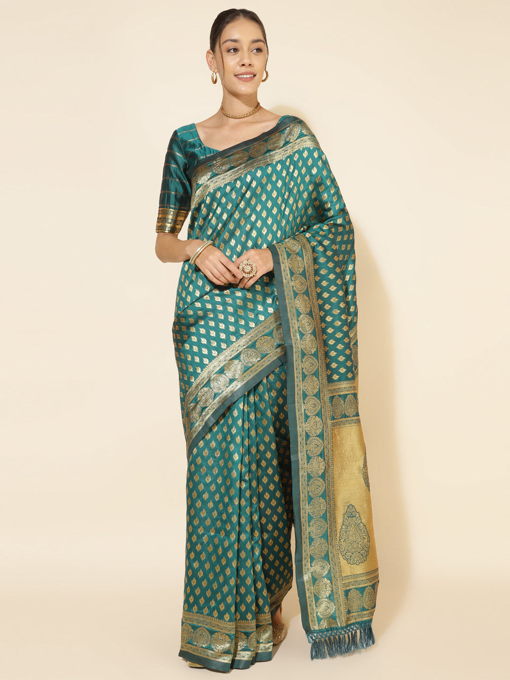 Janasya Peacock Green Silk Woven Ethnic Motifs Banarasi Silk Saree
