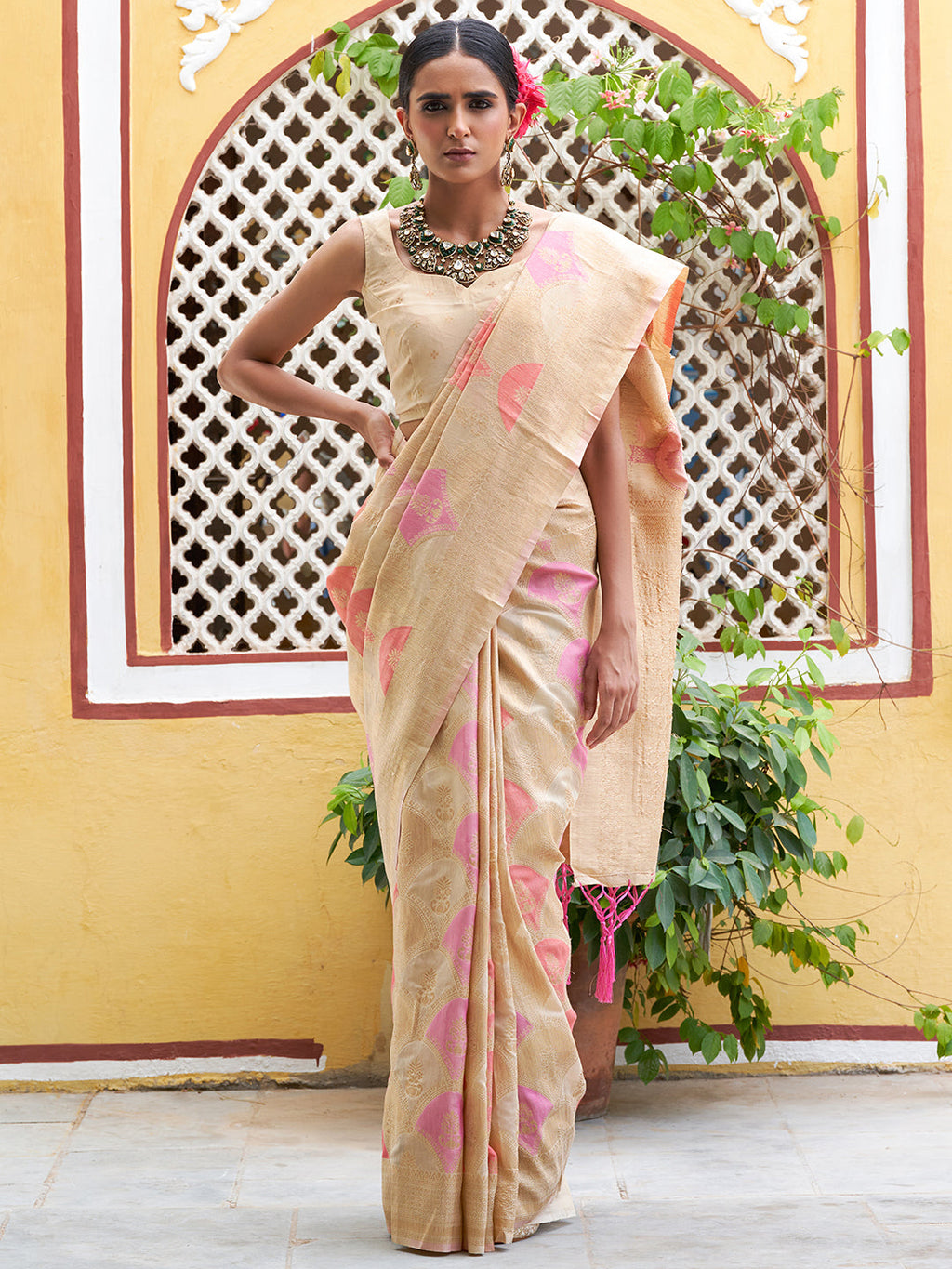 Janasya Cream Chanderi Silk Ethnic Motifs Woven Design Saree
