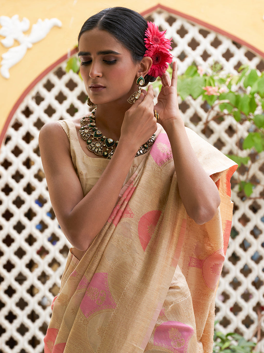 Janasya Cream Chanderi Silk Ethnic Motifs Woven Design Saree
