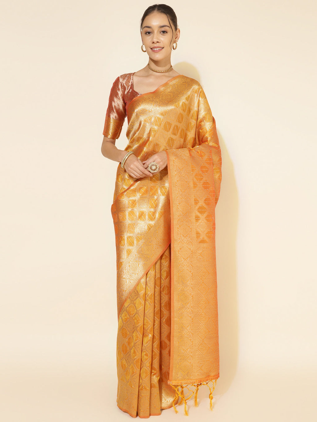 Janasya Yellow Organza Woven Ethnic Motifs Kanjeevaram Saree