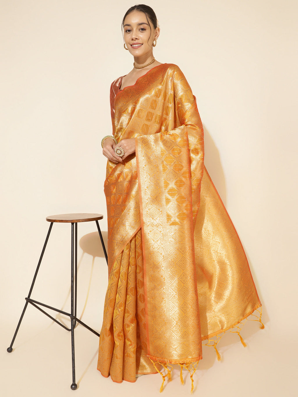 Janasya Yellow Organza Woven Ethnic Motifs Kanjeevaram Saree