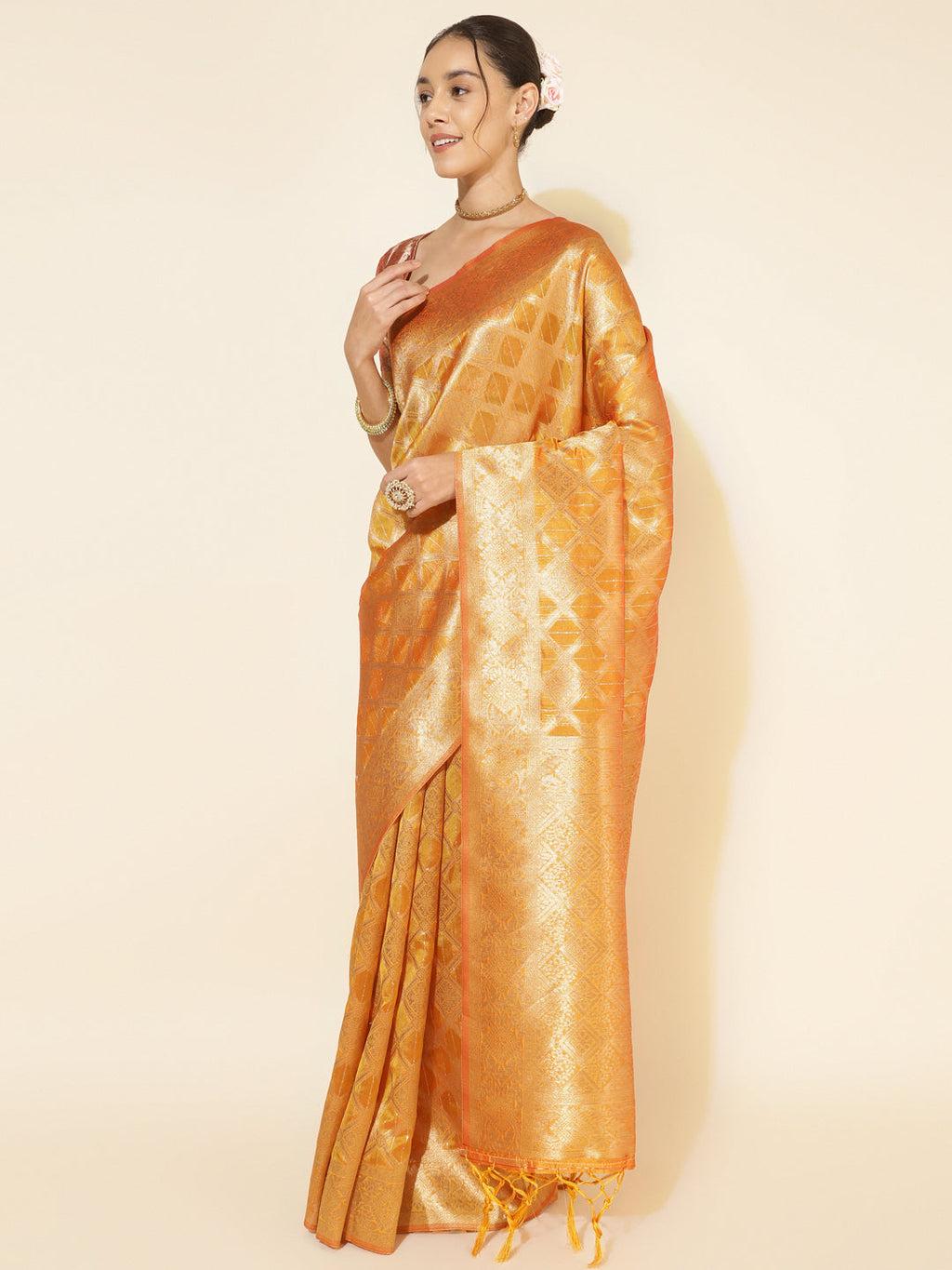 Janasya Yellow Organza Woven Ethnic Motifs Kanjeevaram Saree