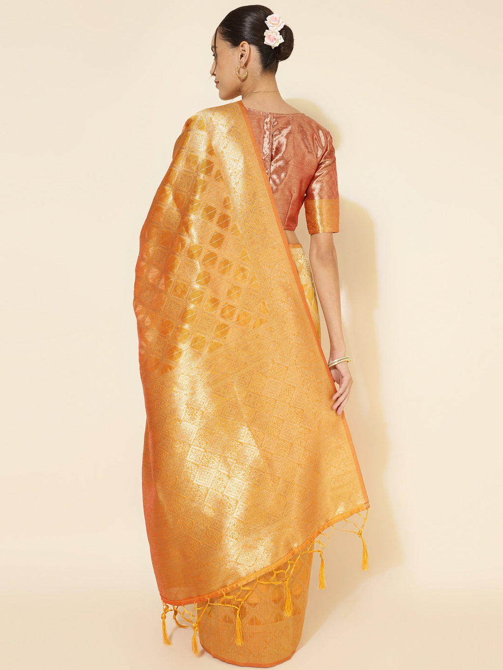 Janasya Yellow Organza Woven Ethnic Motifs Kanjeevaram Saree