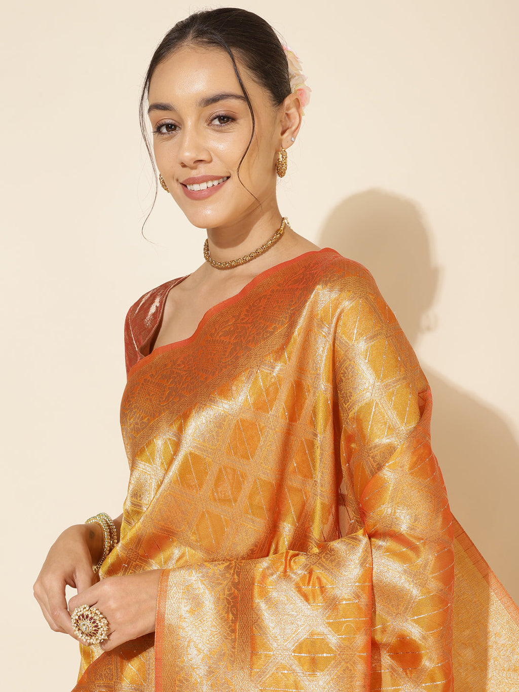 Janasya Yellow Organza Woven Ethnic Motifs Kanjeevaram Saree