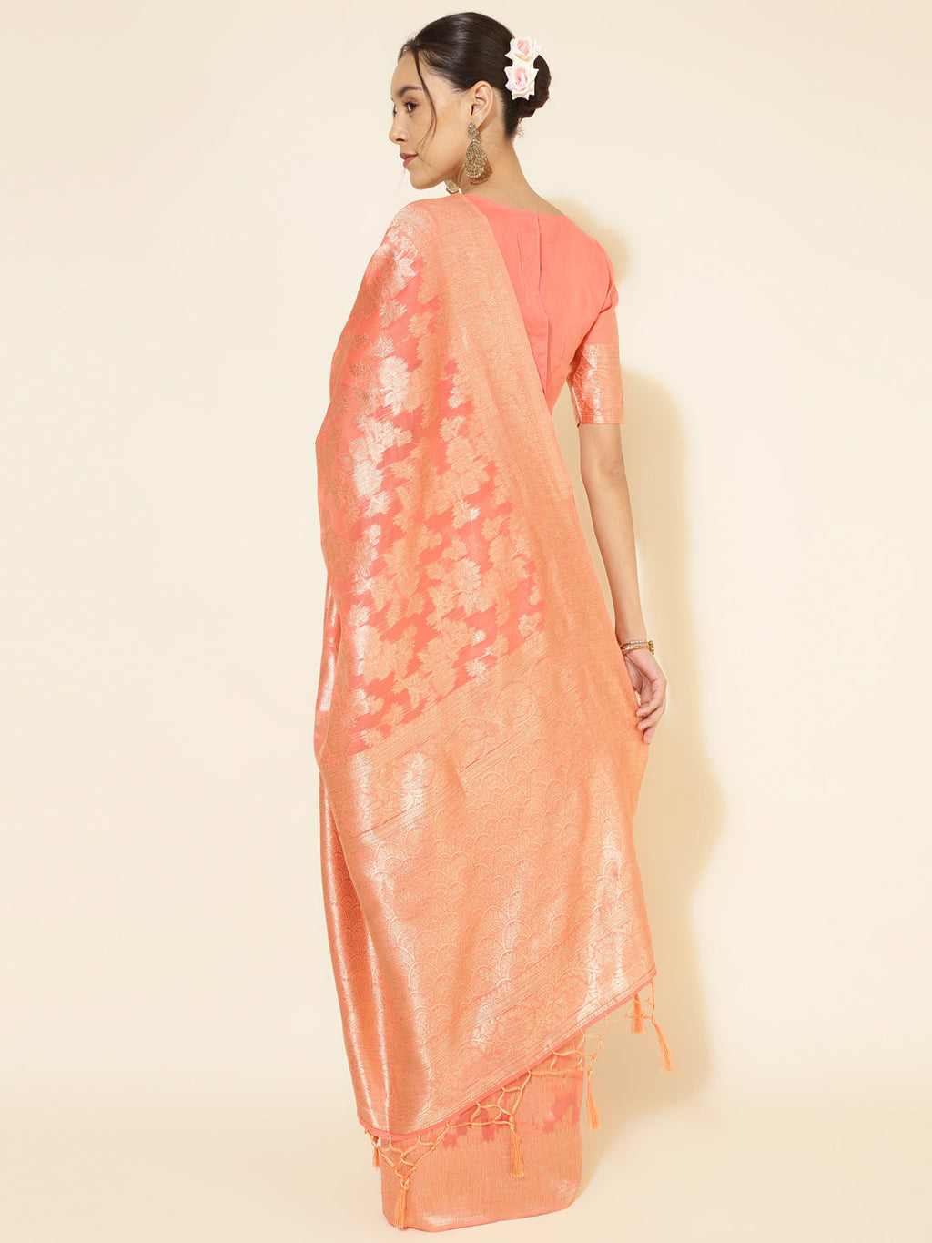 Janasya Peach Chanderi Silk Floral Woven Design Saree