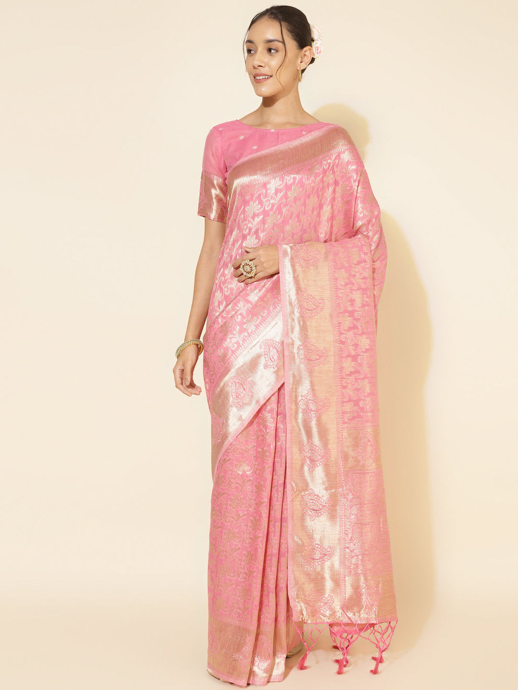 Janasya Light Pink Chanderi Silk Floral Woven Design Saree