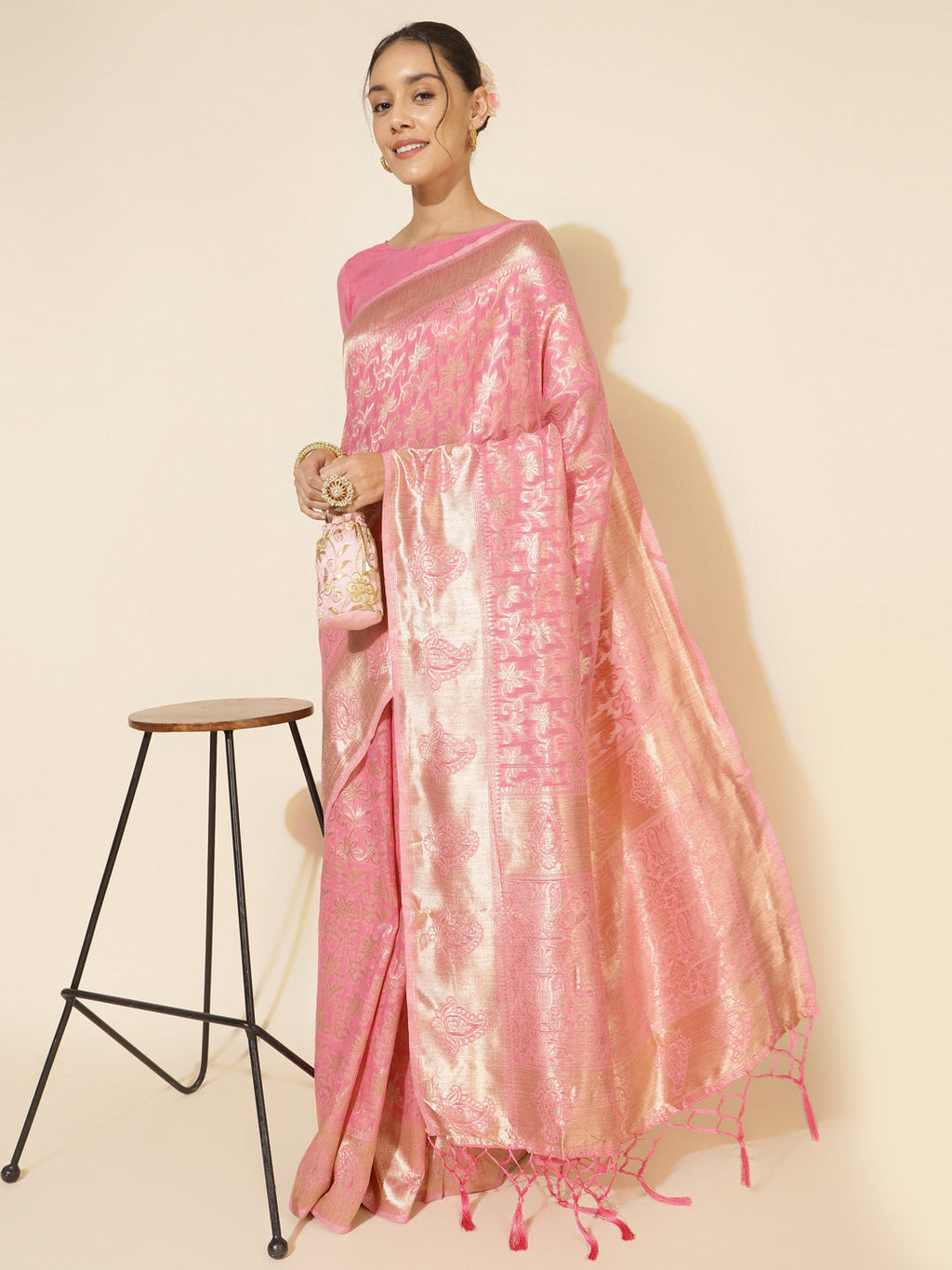 Janasya Light Pink Chanderi Silk Floral Woven Design Saree